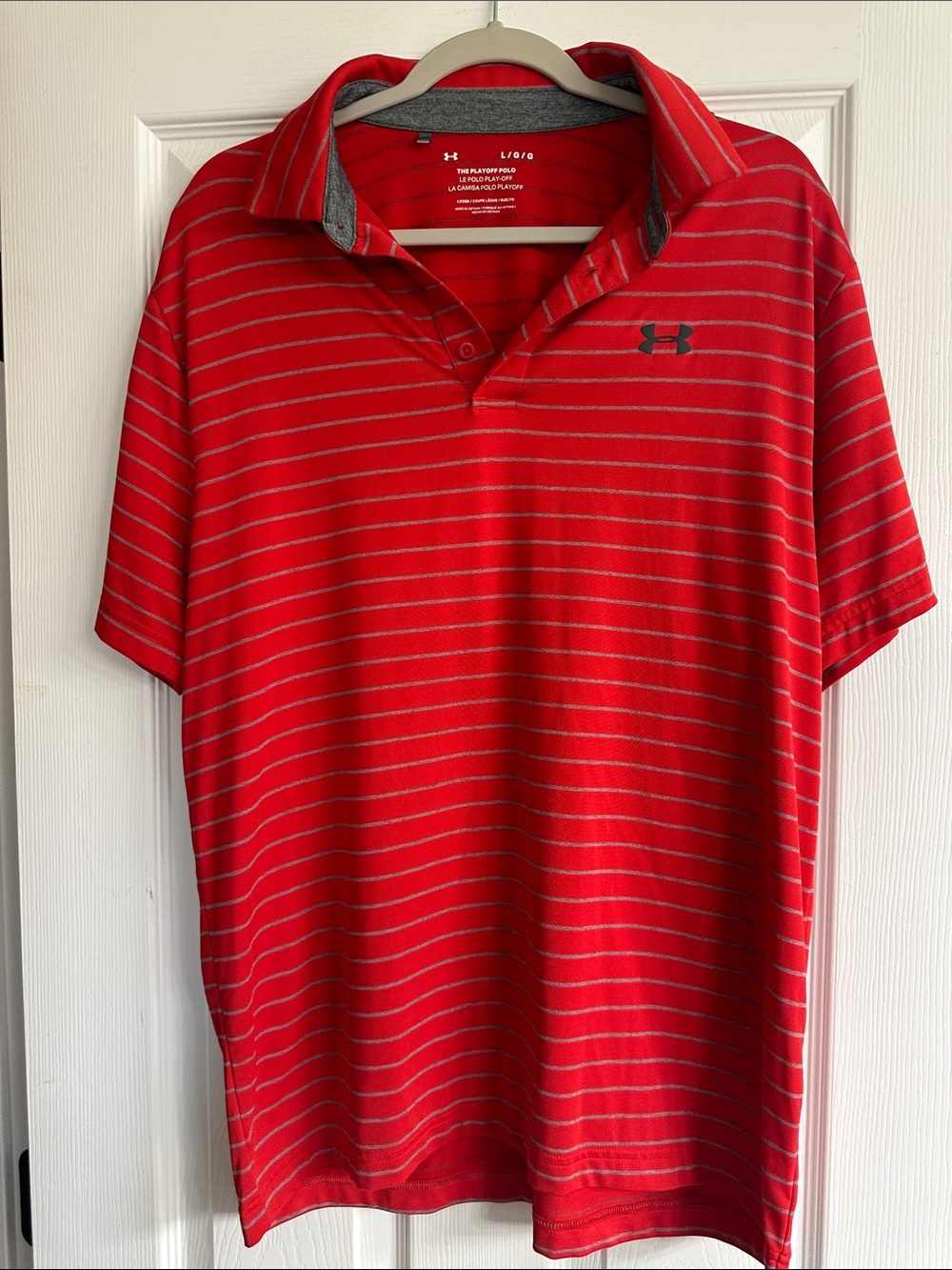 Under Armour Men’s Red Polo with Thin Gray Stripes. Play off polo.